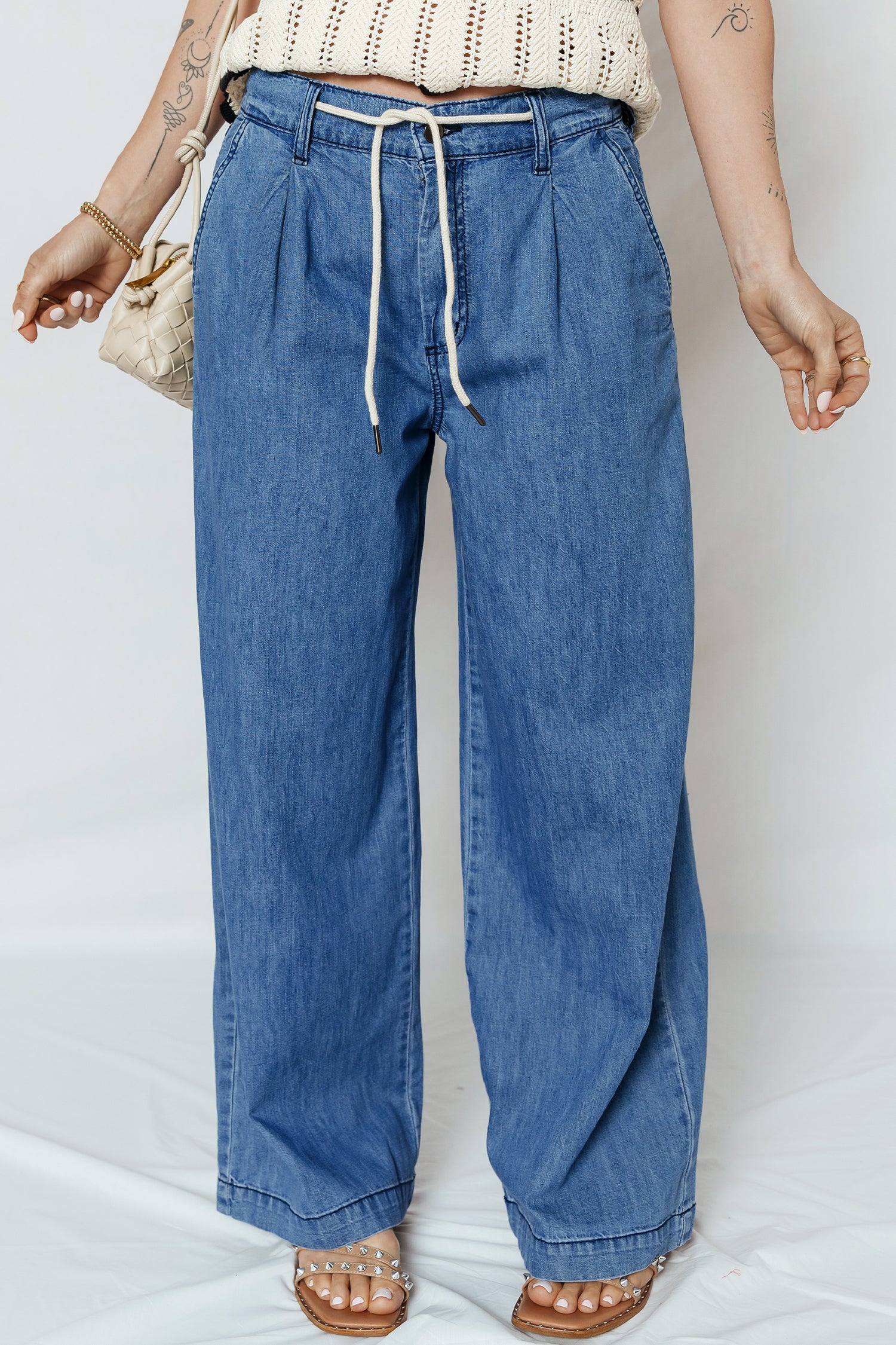 Dämmerblaue Schnürung Pull-on Wide Legs Jeans