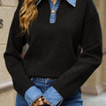 Black Denim Patchwork Collar Cuffed Casual Sweater - Damesmode Afbeelding 4 - Foto 4