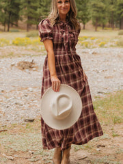 Abito midi a vita alta con nodo vintage vintage rosso a quadri e nodo a quadri - Miniatuur