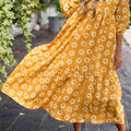 Yellow Flower Print Bracelet Sleeve Buttons Collared Maxi Dress - Foto 6