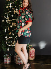 Green Christmas Fashion Print Contrast Trim Frilled Neck Short Sleeve Blouse - Miniatuur