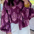 Purple Floral Print Button Front Long Puff Sleeve Shirt - Foto 3