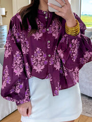 Purple Floral Print Button Front Long Puff Sleeve Shirt - Miniatuur