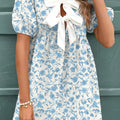 Sky Blue Leopard Contrast Bow Puff Sleeve Mini Dress - Foto 4