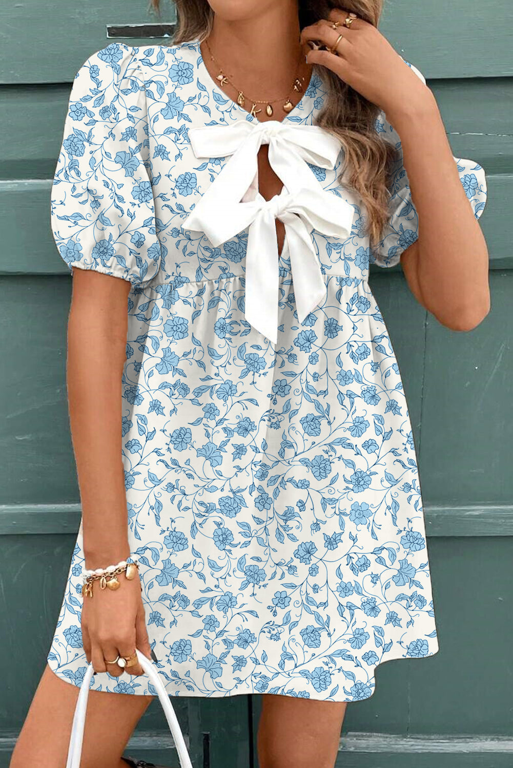 Mini robe Contrast Phoque Léopard Bleu Ciel à manches bouffantes