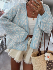 Cardigan a maglia a maglia a maniche lunghe con stampa leopardo azzurro chiaro, scollo a V - Miniatuur