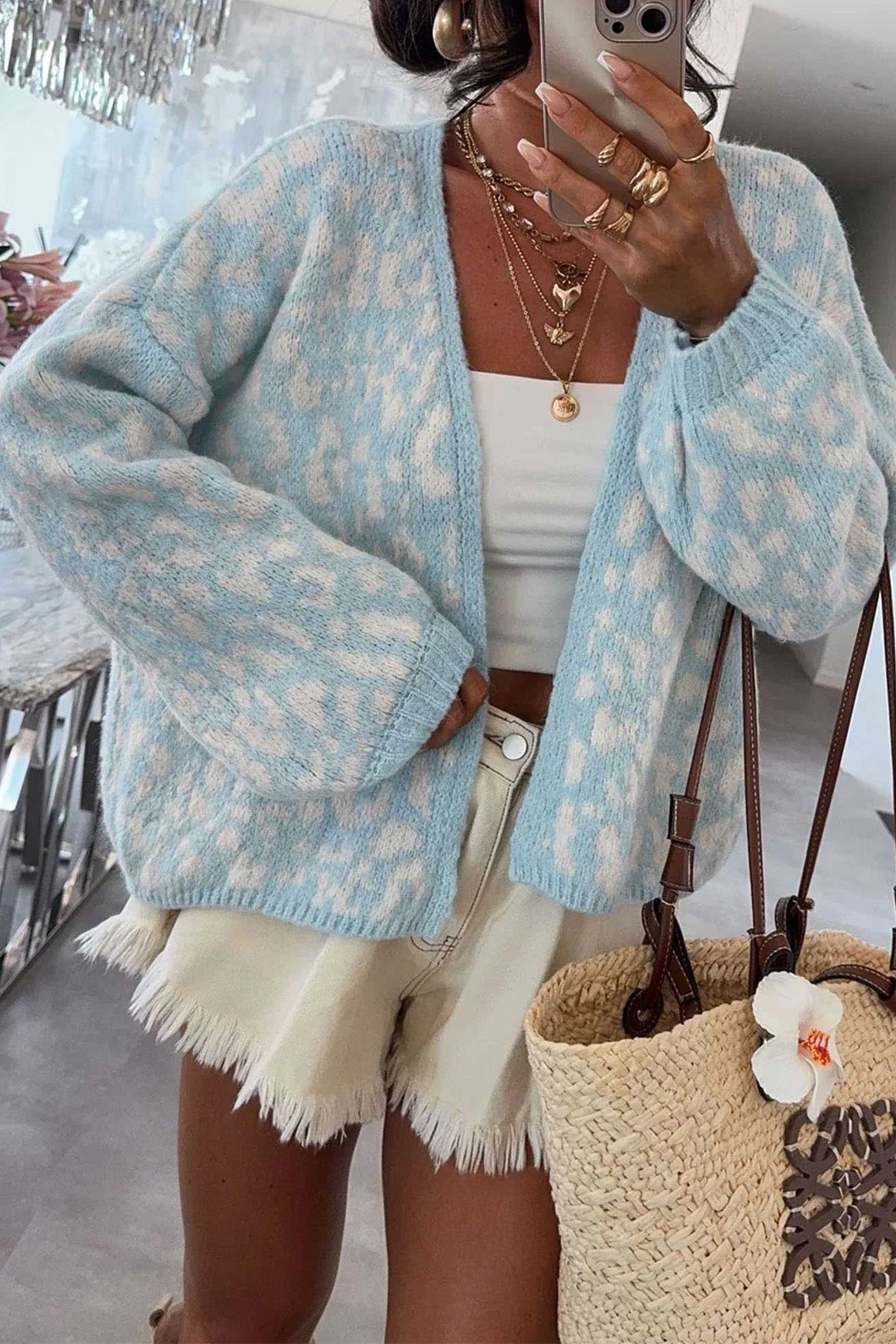 Cardigan en tricot à manches longues à motif léopard bleu clair, col en V, coupe ample