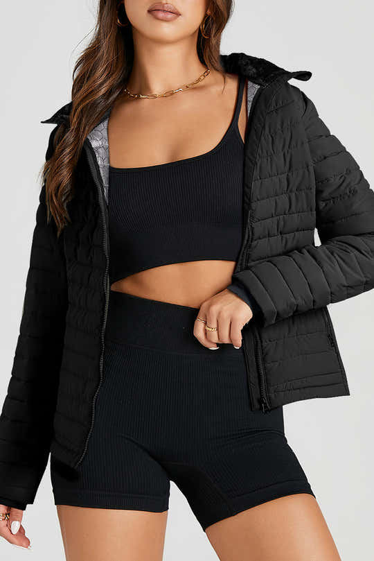 Chaqueta acolchada negra acolchada con cremallera en color liso - Damesmode Afbeelding 1