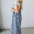 Blue Vintage Rose Printed Pleated Loose Denim Overall Jumpsuit - Damesmode Afbeelding 3 - Foto 3
