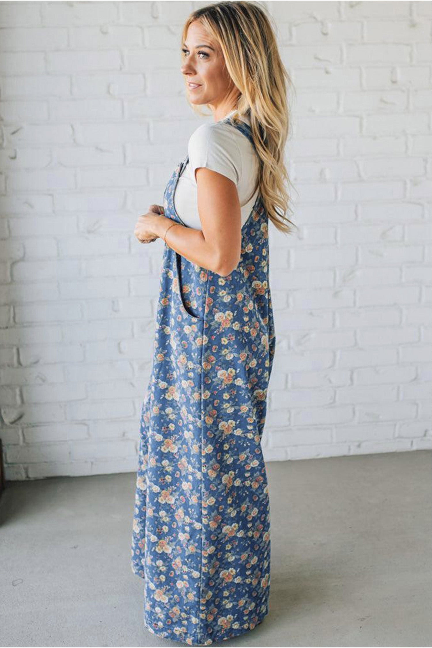 Blue Vintage Rose Printed Pleated Loose Denim Overall Jumpsuit - Damesmode Afbeelding 3