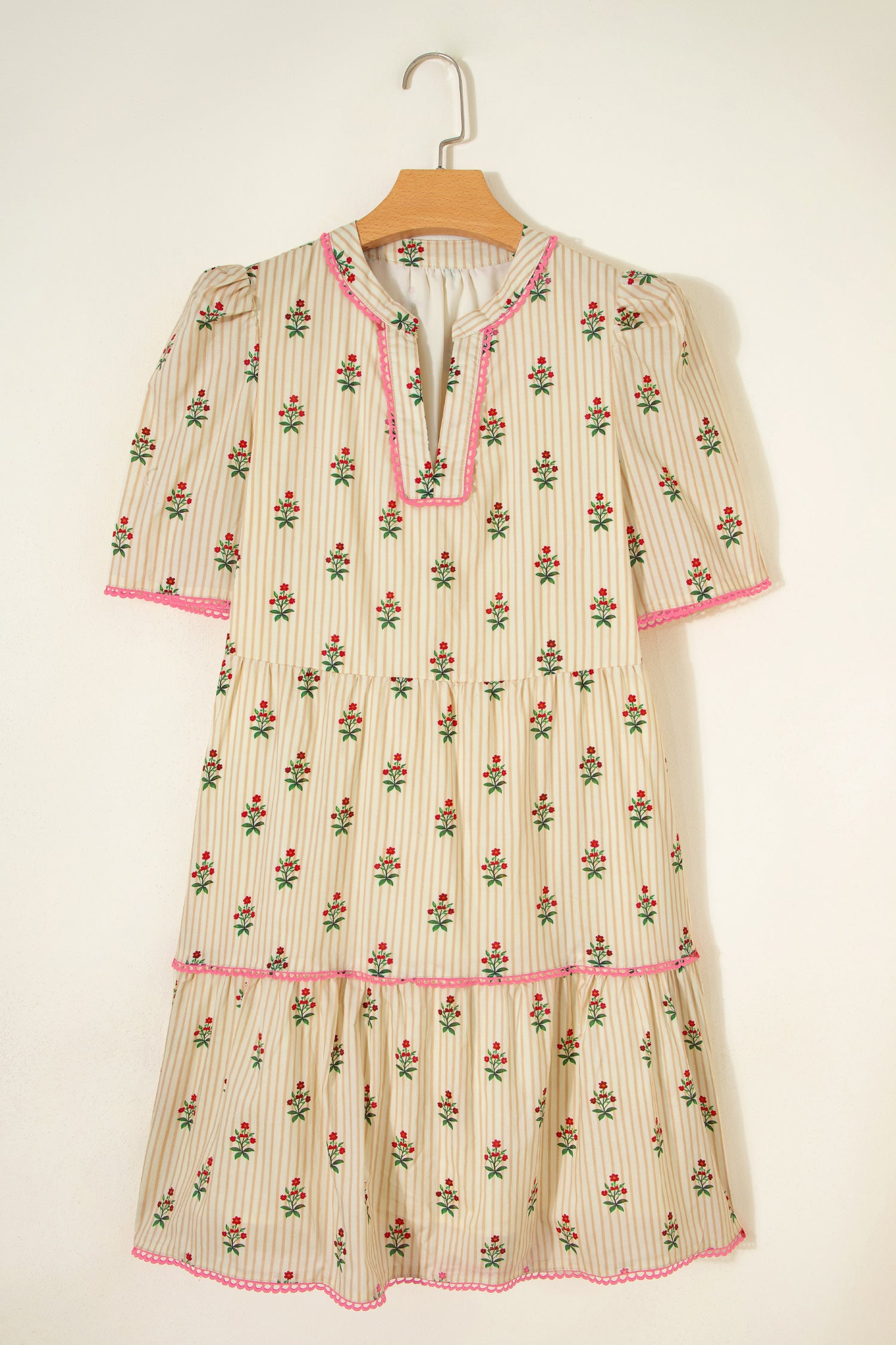 Apricot Striped Floral Print Contrast Detail Ruffle Hem Short Dress - Damesmode Afbeelding 3