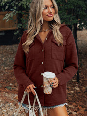 Red Sandalwood Ribbed Knit Buttons Front Flap Pocket Casual Shacket - Miniatuur