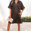 Brown Leopard Print Contrast Collar V-Neck Mini Dress - Damesmode Afbeelding 5 - Foto 5