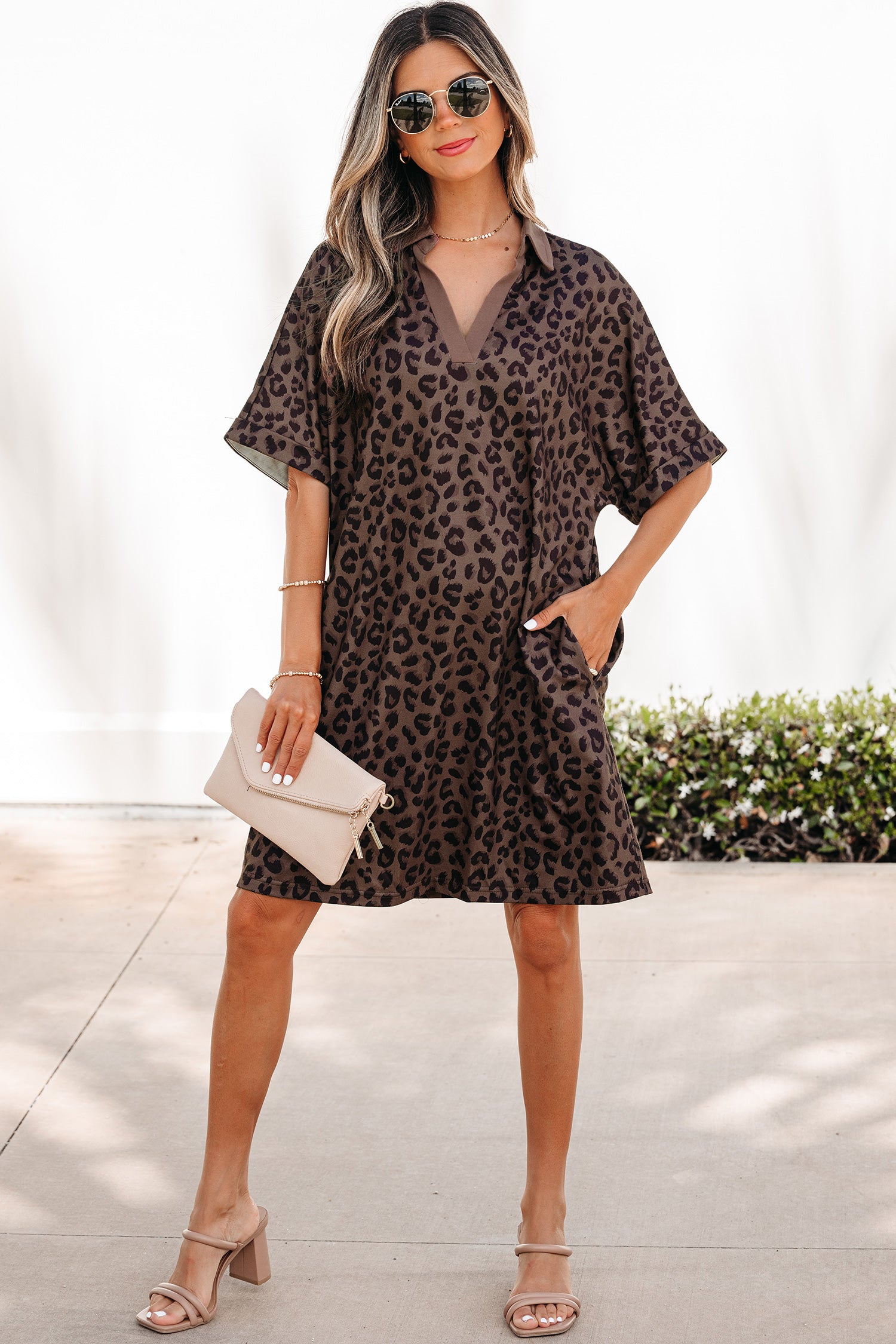 Brown Leopard Print Contrast Collar V-Neck Mini Dress - Damesmode Afbeelding 5