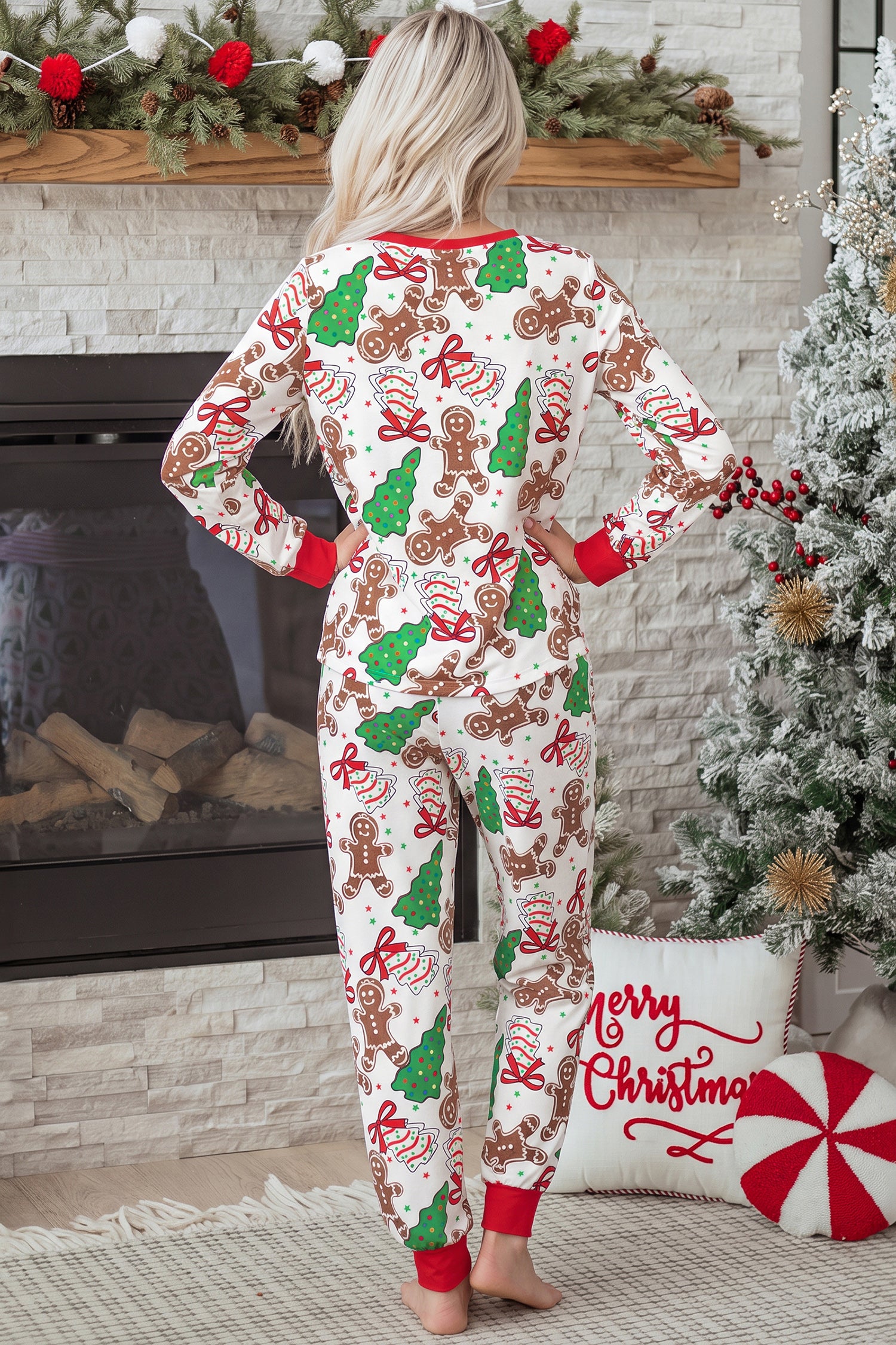 Rosa Weihnachtsmuster Knopf-V-Ausschnitt-Pullover mit Kordelzughose 2-teiliges Lounge-Set