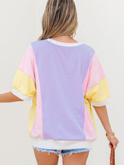 T-shirt oversize à demi-manches en patchwork à blocs de couleur violet - Miniatuur