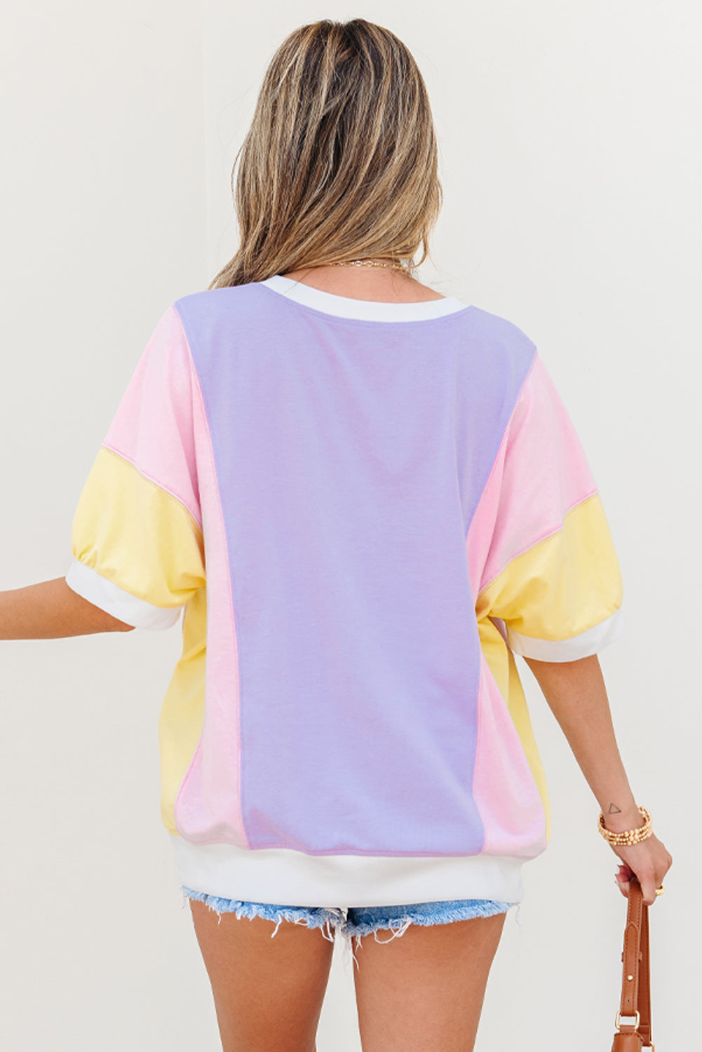 T-shirt oversize à demi-manches en patchwork à blocs de couleur violet
