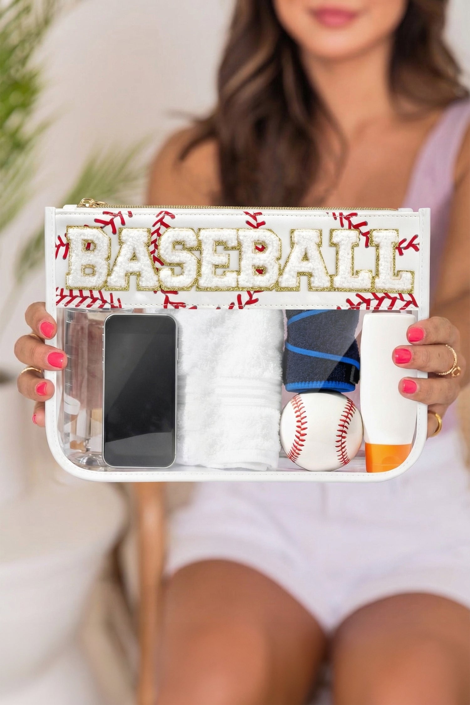 Brown BASEBALL  Chenille Letter Patch Game Day Stadium Clear PVC Cosmetic Bag - Damesmode Afbeelding 5