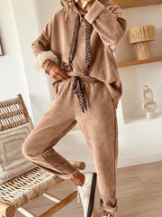 Parchment Leopard Drawstring Pullover Hoodie and High Waist Pants Corduroy Suit - Miniatuur