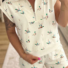 Beige Stockentenbedruckter Reißverschluss-Polo-Tee Kordelzug Kurzset – Damesmode Afbeelding 3 - Thumbnail