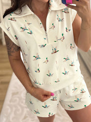 Beige gråandtrykt lynlås-polo Tee med snor og kort sæt - Damesmode Afbeelding 3 - Miniatuur