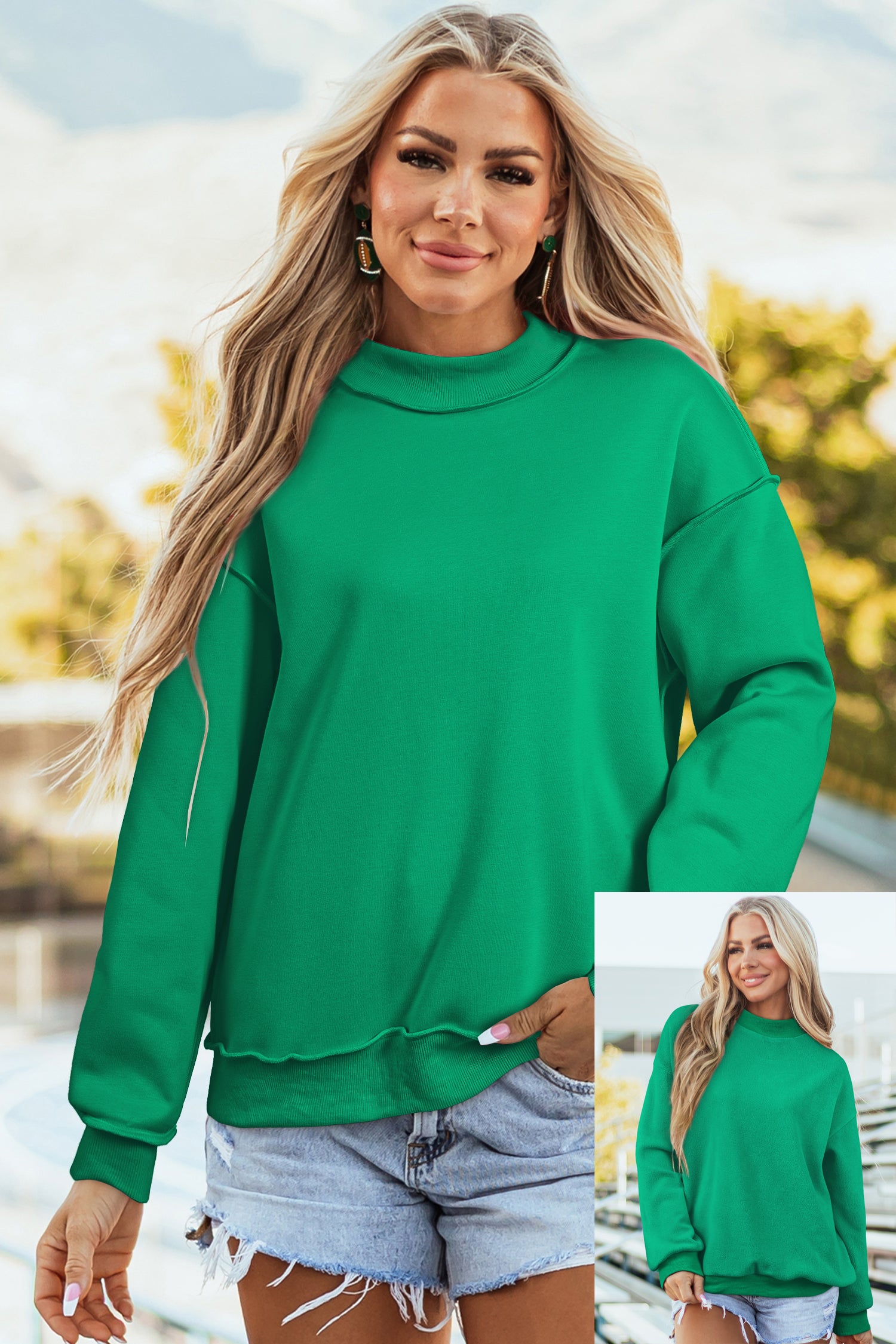 Sweat-shirt bleu foncé oversize, épaule tombante et réversible, col montant,