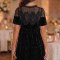 Black Embroidered Velvet Short Sleeve Mini Shift Dress - Damesmode Afbeelding 3 - Foto 3