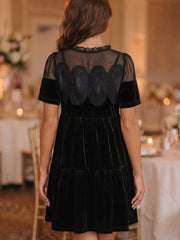 Black Embroidered Velvet Short Sleeve Mini Shift Dress - Damesmode Afbeelding 3 - Miniatuur