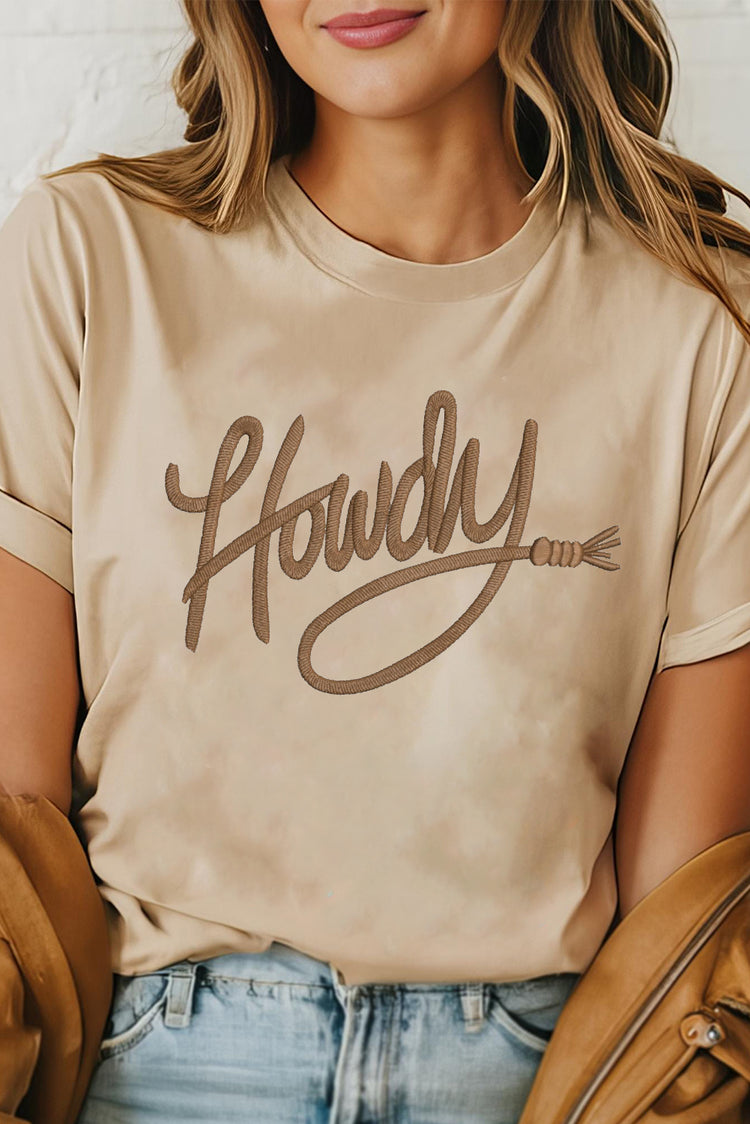 Khaki Howdy Embroidered Graphic Western Tee - Damesmode
