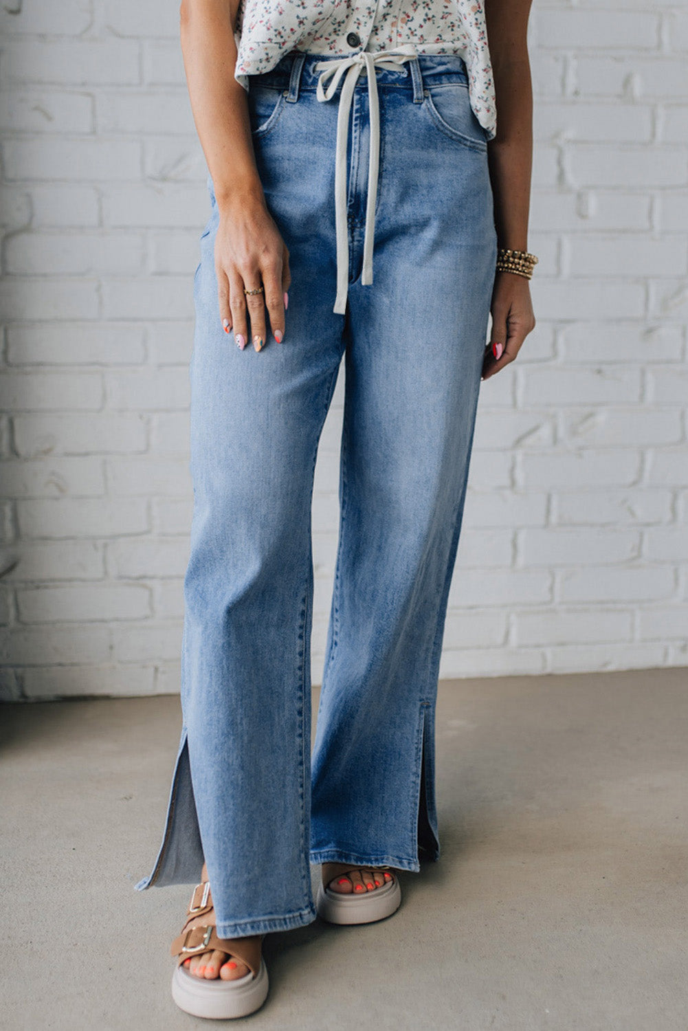 Jeans casuais com cordão de cinturão Myosotis Slit Leg