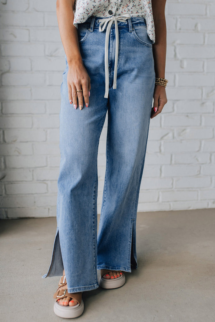 Myosotis Slit-Leg-Jeans mit hoher Rise, Kordelzug-Casual-Jeans - Damesmode
