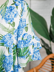 Sky Blue Palm Floral Print Contrast Ribbon Knot Ruffle Tiered Sleeve Mini Dress - Miniatuur