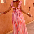 Pink Stripe Ruffled Straps Ribbon Knot Flowy Vacation Maxi Dress - Foto 2
