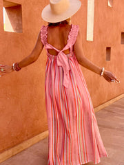 Pink Stripe Ruffled Straps Ribbon Knot Flowy Vacation Maxi Dress - Miniatuur