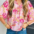 Rosa Blummenprint Krawatt-Hals-Blus mat Puff-Halw-Ärmel Blus - Foto 1