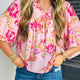 Rosa Blummenprint Krawatt-Hals-Blus mat Puff-Halw-Ärmel Blus