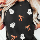 Black Sequin Bow Ghost Patched Halloween Graphic Tee - Damesmode Afbeelding 4 - Thumbnail