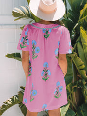 Rosé-Blumen-Kurzärmel-Split-Neck-Locker-Mini-Kleid - Miniatuur
