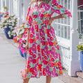 Rose Vibrant Floral Print V-Hals Reißverschluss Puffy Hallefärmel Kleed - Foto 4