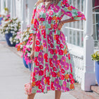 Rose Vibrant Floral Print V Neck Zip Up Puffy Half Sleeve Dress - Thumbnail