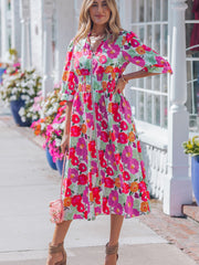Rose Vibrant Floral Print V Neck Zip Up Puffy Half Sleeve Dress - Miniatuur