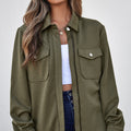 Blackish Green Solid Color Zip Up Button Flap Pocket Shirt Collar Jackets - Damesmode Afbeelding 6 - Foto 6