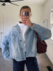 Sky Blue Polka Dot Long Sleeve Collar Pocket Casual Shift Silhouette Denim Jacket - Miniatuur