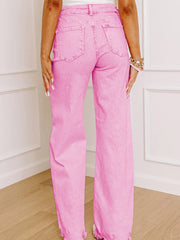Pink Acid Wash High Waist Uneven Raw Hem Shift Jeans - Miniatuur