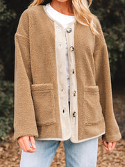 Light French Beige Puffy Plush Corduroy Edge Patchwork Jacket with Big Pockets - Miniatuur