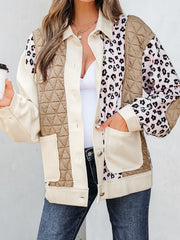 Khaki Leopard Waffle Quilted Patchwork Button Front Jacket - Miniatuur