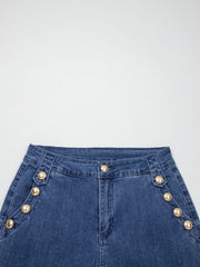 Ashleigh Blue Golden Button Detail Rolled Edge Flare Leg Jeans - Damesmode Afbeelding 6 - Miniatuur