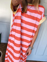 Orange Stripe Cuffed Short Sleeve Pocketed Casual T Shirt Long Dress - Miniatuur