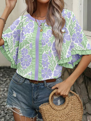 Rose Floral Print Ruffled Color Block Trim Half Sleeve Blouse - Miniatuur