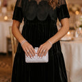 Black Embroidered Velvet Short Sleeve Mini Shift Dress - Damesmode Afbeelding 5 - Foto 5